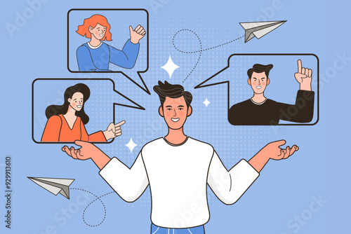 A community manager interacts with an online audience. People in chat windows give positive reviews and suggestions, illustrating successful social media engagement and customer feedback.