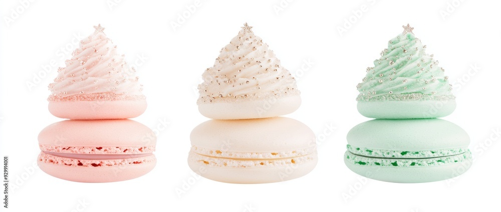 A set of colorful macaron Christmas trees. Isolated on a transparent background are decorated with Christmas decorations made from sweet macarons. A set of colorful macaron Christmas trees. Isolated on a transparent background are decorated with Christmas decorations made from sweet macarons.
