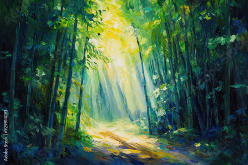 Bamboo Forest with Light Shafts Oil Painting