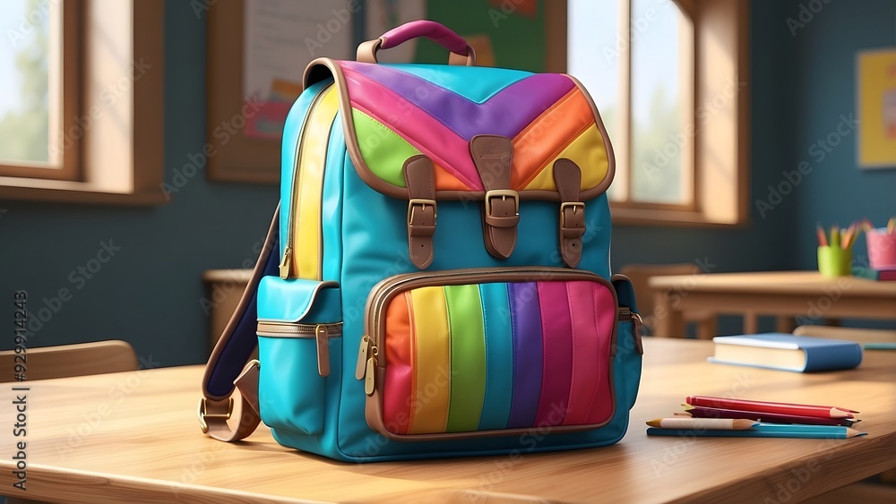 A vibrant and colorful school bag overflowing with stationery, sitting on a sleek wooden table, back to school theme, education learning and classroom theme A vibrant and colorful school bag overflowing with stationery, sitting on a sleek wooden table, back to school theme, education learning and classroom theme
