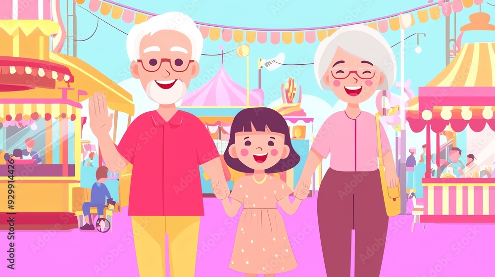 Grandparents with grandchildren at a fair, flat design, top view, carnival theme, animation, colored pastel Grandparents with grandchildren at a fair, flat design, top view, carnival theme, animation, colored pastel