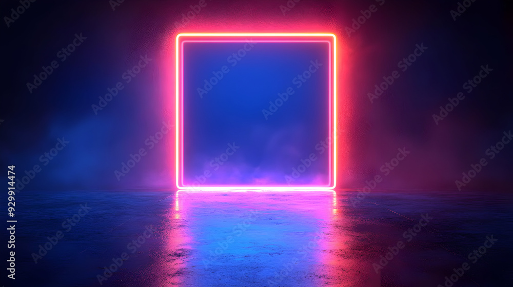 Neon square frame glowing in a dark, misty environment. Neon square frame glowing in a dark, misty environment.