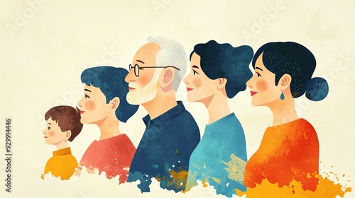 Threegeneration family portrait with grandparents, parents, and children, flat design, side view, formal family photo theme, water color, Splitcomplementary color scheme photo