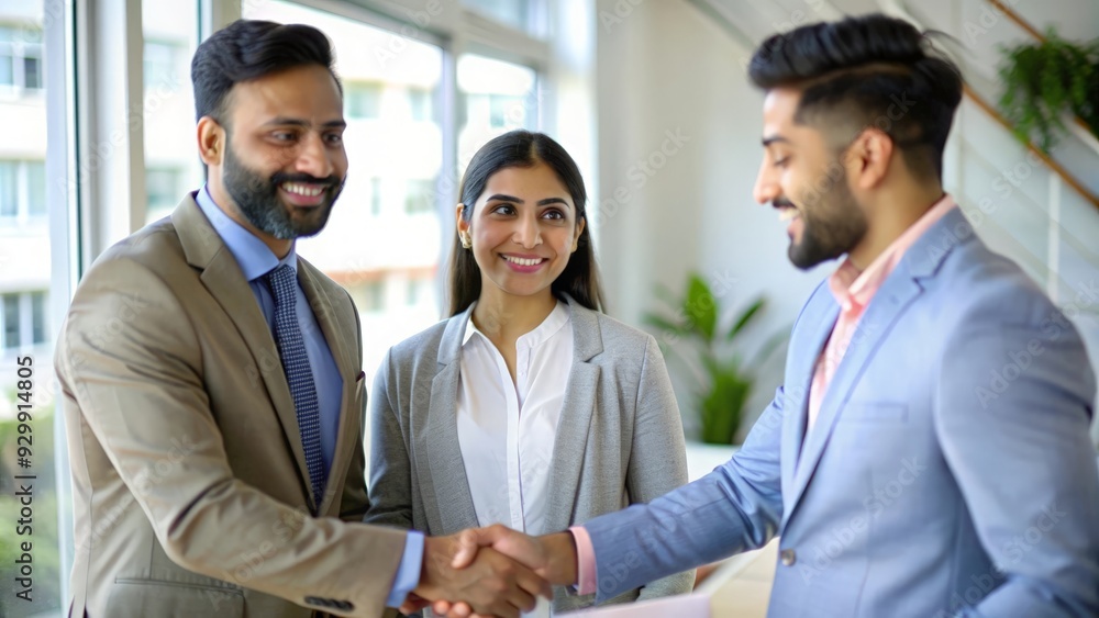Indian Real Estate Broker Closing Deal - Real estate broker finalizing a property deal with satisfied clients.
Indian Real Estate Broker Closing Deal - Real estate broker finalizing a property deal with satisfied clients.