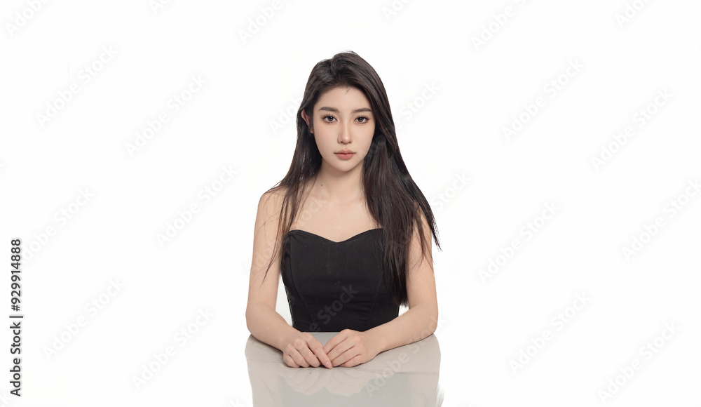 Portrait of an oriental beauty seated in front of a white background Portrait of an oriental beauty seated in front of a white background
