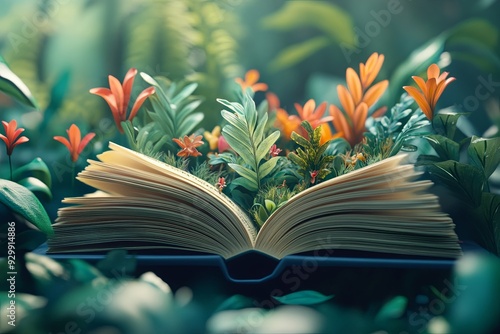 A book is open to a page with a lot of flowers on it