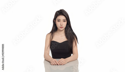 Portrait of an oriental beauty seated in front of a white background