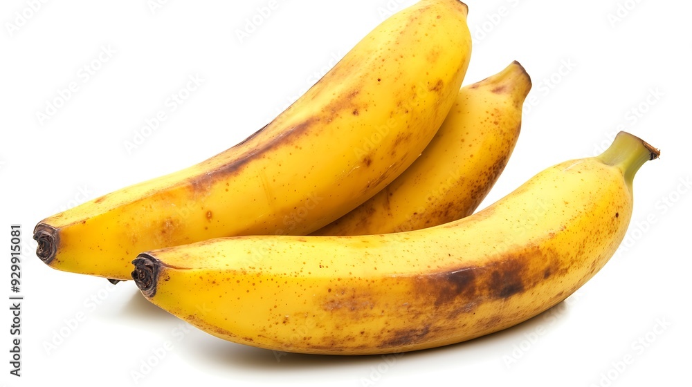Three ripe yellow bananas with brown spots isolated on white background. Three ripe yellow bananas with brown spots isolated on white background.
