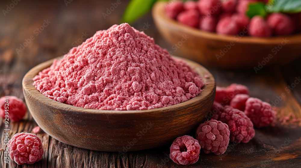 Freeze-dried raspberry powder in a wooden bowl, with a few fresh raspberries nearby Freeze-dried raspberry powder in a wooden bowl, with a few fresh raspberries nearby