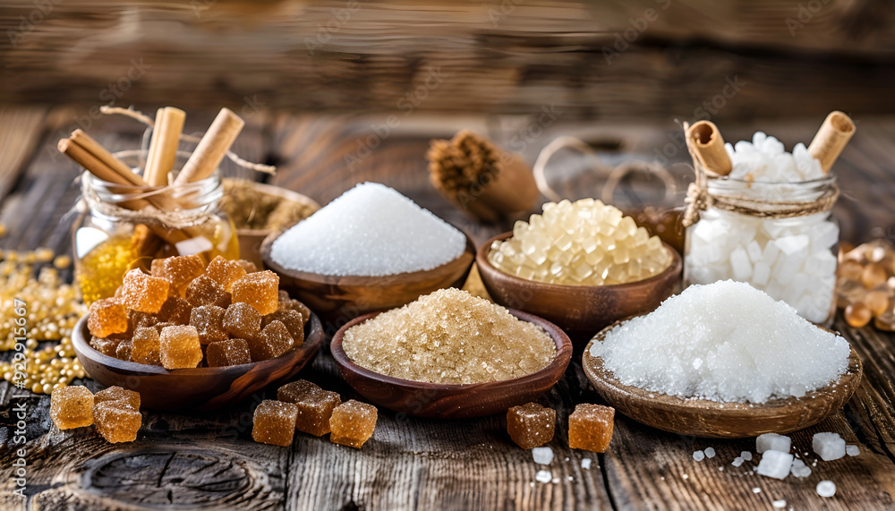 Fototapeta premium Different types of sugar on wooden table