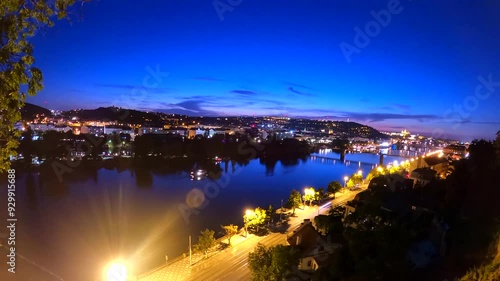 Prague night time lapse video in 4K river view in Czech Republic, Europe