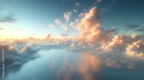 Serene clouds reflecting on calm water, creating a tranquil atmosphere.