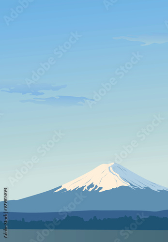 Vertical view of mount Fuji. Landscape with a mountain peak in Japan. The hour of the sun's Zenith. Famous landmark Wallpapers. Banner design with a natural landscape. The sky sun, water.