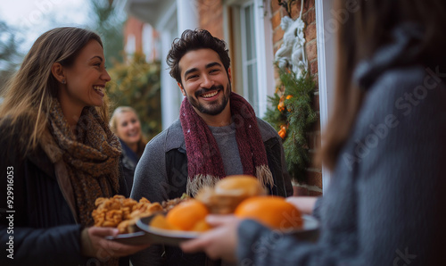 Family members arriving at home with Thanksgiving dishes, greeting each other warmly at door for festive holiday gathering. Joyful reunion and welcoming atmosphere 