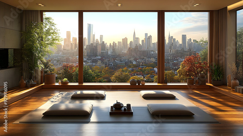Serene interior with a city...