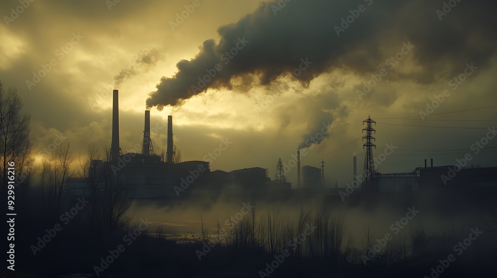 Factory in the foreground, smoke covering the sky, urban decay, eerie twilight, moody lighting, atmospheric perspective, dense smog, desolate mood, heavy shadows
