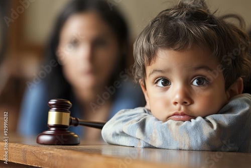 A young boy is sitting on a table with a gavel in front of him