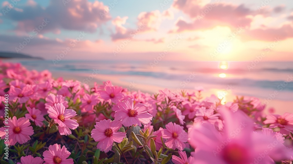Fototapeta premium Flowerbed with pink flowers with blurred sea view and empty beach in morning.
