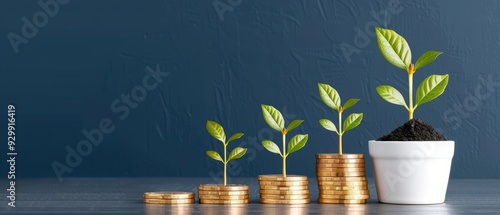 A creative concept of financial growth shown by plants growing from coins, symbolizing investment and prosperity. photo