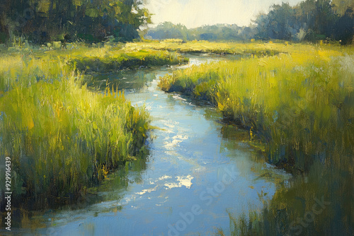 Lazy River Winding Through a Meadow Oil Painting