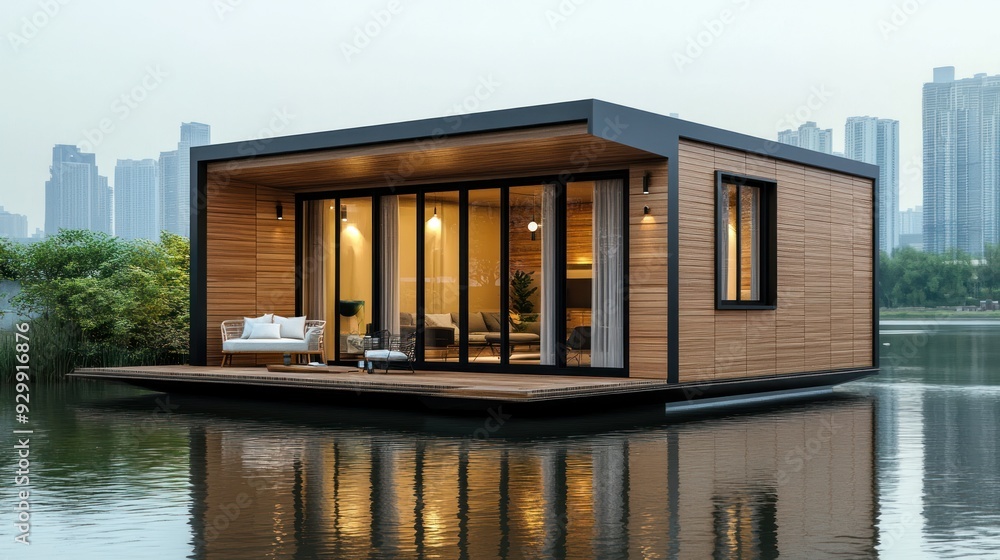 Fototapeta premium Modern floating home on a calm lake with a city skyline in the background.