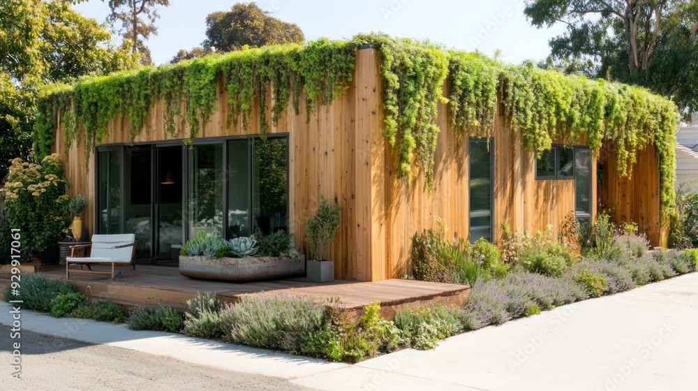 A modern wooden house with a green roof and a lush garden. A modern wooden house with a green roof and a lush garden.