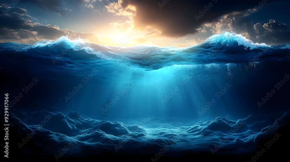 Fototapeta premium Serene underwater scene with sunlight filtering through waves.