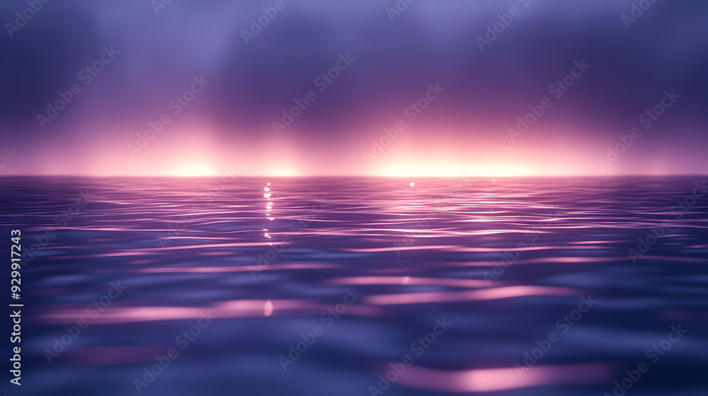 Obraz premium Serene water surface reflecting purple and pink hues at dusk.