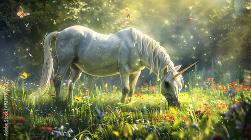 Beautiful and elegant white unicorn horse eating grass in the jungle.