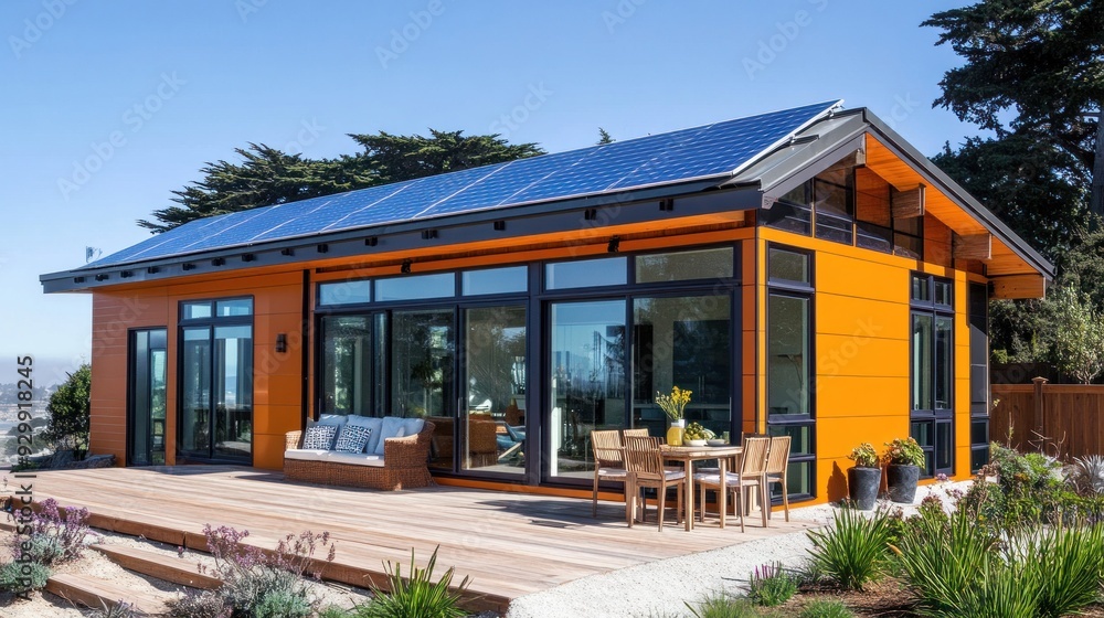 Modern orange house with a solar panel roof and a patio with wooden furniture. Modern orange house with a solar panel roof and a patio with wooden furniture.