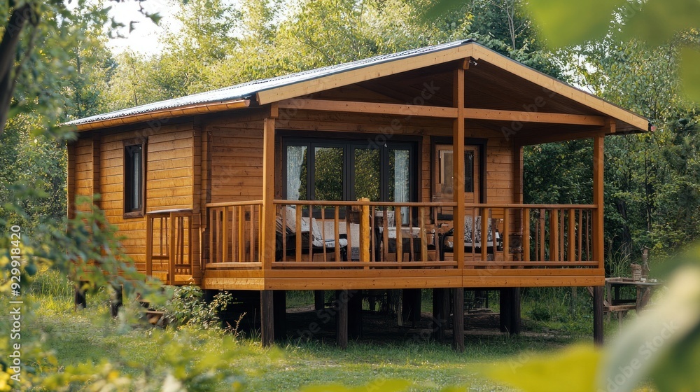 Fototapeta premium A wooden cabin in the forest with a porch and railing.