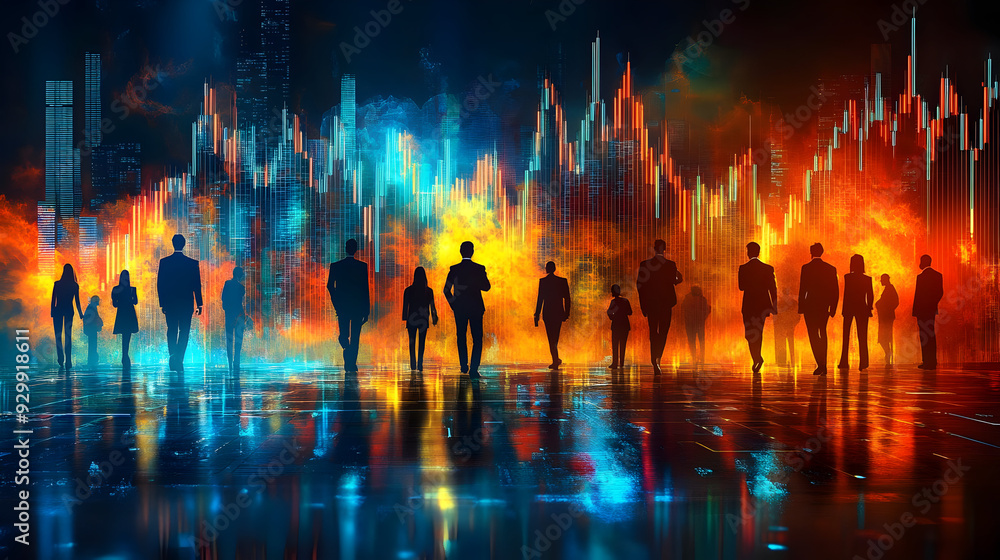 Silhouettes of business professionals against a vibrant cityscape. Silhouettes of business professionals against a vibrant cityscape.