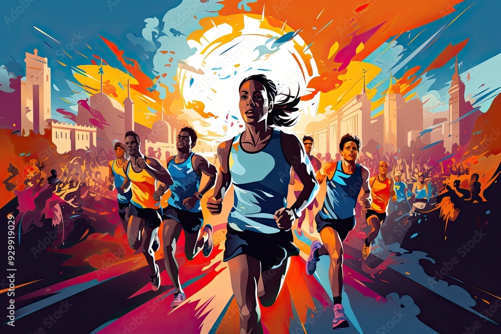 Advertising of marathon poster illustrated with a group of runners in various dynamic poses. Advertising of marathon poster illustrated with a group of runners in various dynamic poses.