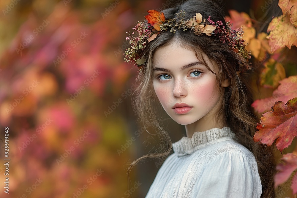 A young woman wearing a flowery headband stands in front of a tree with leaves t A young woman wearing a flowery headband stands in front of a tree with leaves t