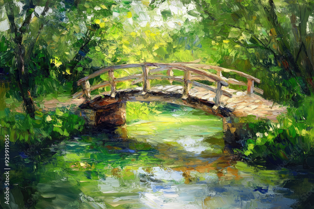 Close-Up of Old Wooden Bridge Over Quiet Stream Oil Painting Close-Up of Old Wooden Bridge Over Quiet Stream Oil Painting