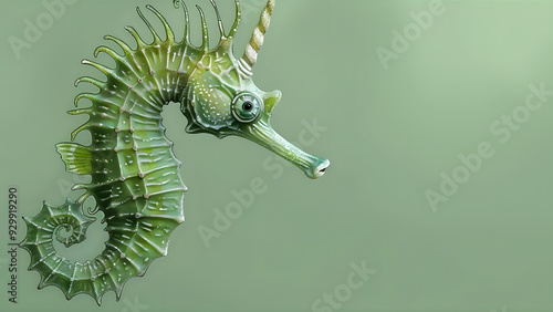 A seahorse drawing against a green backdrop, include an area for inscription at image's base