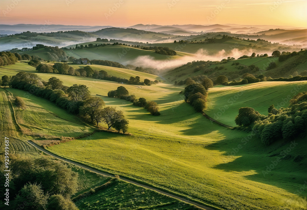 Fototapeta premium Aerial Vista of Verdant Valley Bathed in Golden Sunrise Light, Nature's Serene Majesty