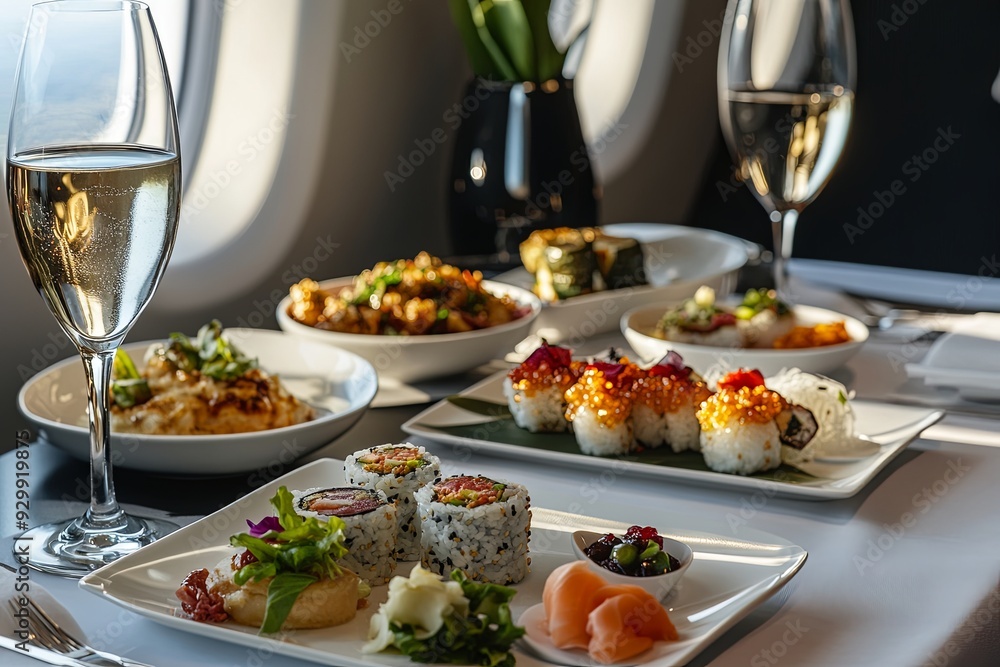 A table with a variety of sushi and other Asian dishes, along with wine glasses A table with a variety of sushi and other Asian dishes, along with wine glasses
