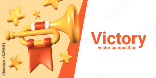 Concept of victory in 3D style. Loud notification of win, triumph