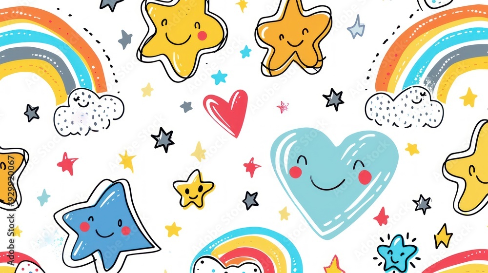 Cute Hand-Drawn Pattern with Rainbows, Stars, and Hearts Cute Hand-Drawn Pattern with Rainbows, Stars, and Hearts