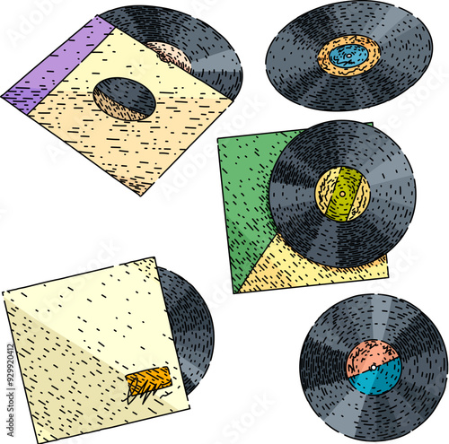 vynil record set hand drawn. LP album, needle stylus, phonograph wax vynil record vector sketch. isolated color illustration