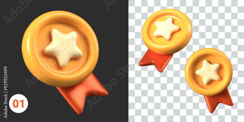 Round gold medal with star, celebratory rosette with ribbon. Set of 3D templates