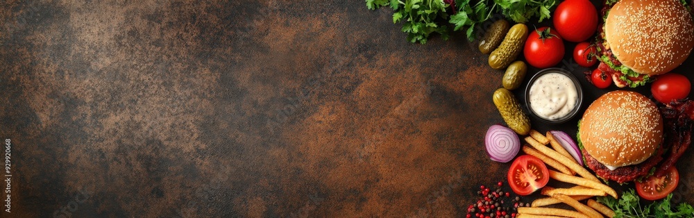 Delicious fast food spread with burgers, fries, and fresh veggies