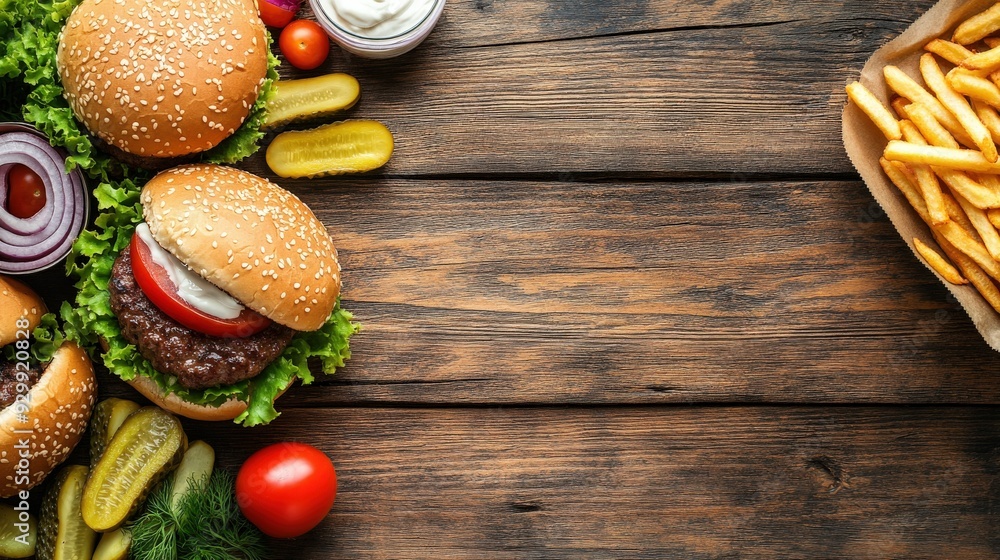 Delicious fast food meal featuring burgers, fries, and fresh toppings Delicious fast food meal featuring burgers, fries, and fresh toppings