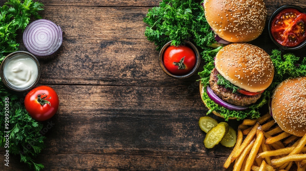 Delicious fast food feast with burgers, fries, and fresh toppings Delicious fast food feast with burgers, fries, and fresh toppings