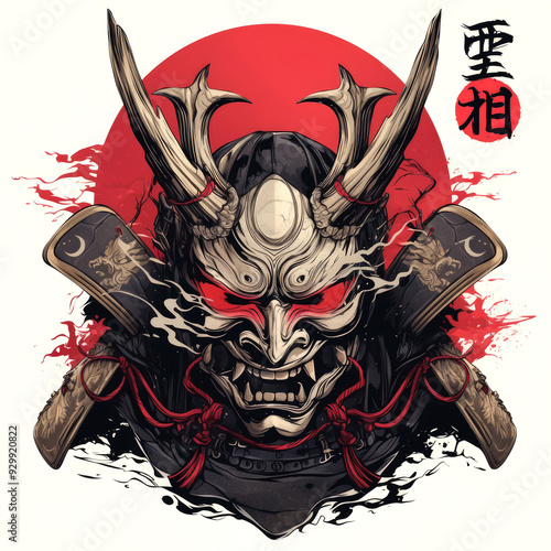 A samurai warrior wearing a menacing oni mask with red eyes