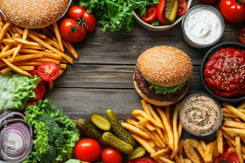 Delicious fast food platter with burgers, fries, and fresh vegetables Delicious fast food platter with burgers, fries, and fresh vegetables