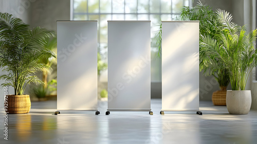 Three blank banners in a br...