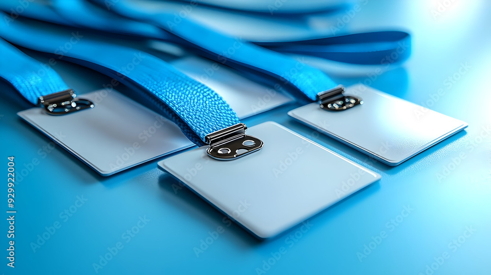 Three blank ID badges with blue lanyards on a blue background. Three blank ID badges with blue lanyards on a blue background.