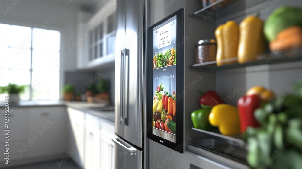 Modern Kitchen with Smart Refrigerator Displaying Fresh Produce Modern Kitchen with Smart Refrigerator Displaying Fresh Produce